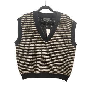 Anthropologie Vest Knit Pullover V-Neck Preppy Academia Black Cream Winter